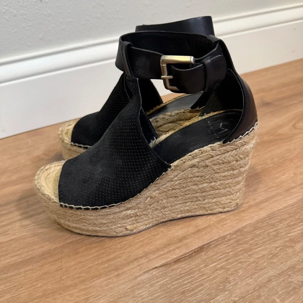 Marc Fisher MLANNIE Wedge Sandal Women 7.5 Black Leather Espadrille Platform